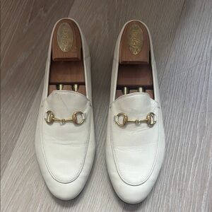 White Leather horsebit Gucci Loafers with Gold Hardware